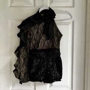 Weissman Girls MC Black Gold Sequin‎ Ruffle Dance Costume Leotard Outfit